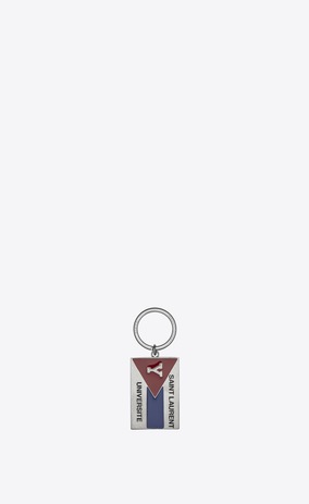 SAINT LAURENT Key Ring Man "SAINT LAURENT UNIVERSITÉ" Key Ring in Silver-Toned Metal and Black, Red and Blue Enamel a_V4